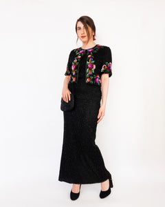 Hand Beaded Floral Sequin Embroidered Maxi Dress Black