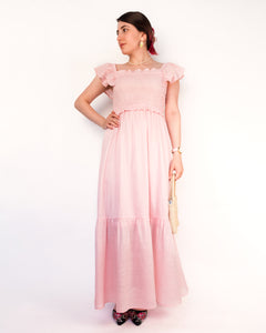 Moon River Flutter Sleeve Smocked Maxi Dress Pink