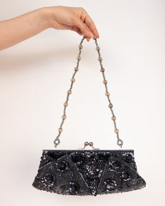 Grey Satin Rectangular Mini Handbag with Floral Sequin Embroidery