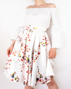 Satin Floral Skirt White