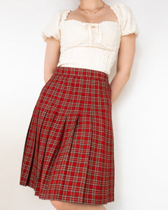Tartan Plaid Pleated Midi Skirt Red