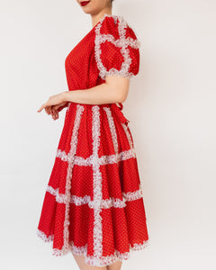 Polka Dot A-line Lace Trim Midi Dress with Puff Sleeves Red