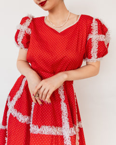 Polka Dot A-line Lace Trim Midi Dress with Puff Sleeves Red