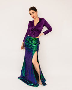 Iridescent Sequin Maxi Skirt with Slit Purple-Green