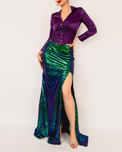 Iridescent Sequin Maxi Skirt with Slit Purple-Green