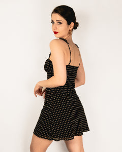 Polka Dot Sweetheart Ruffle Strappy Mini Dress Black-Beige