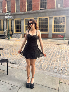 Polka Dot Sweetheart Ruffle Strappy Mini Dress Black-Beige
