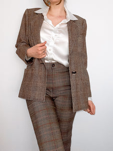 Plaid Structured Blazer with Shoulder Pads Brown